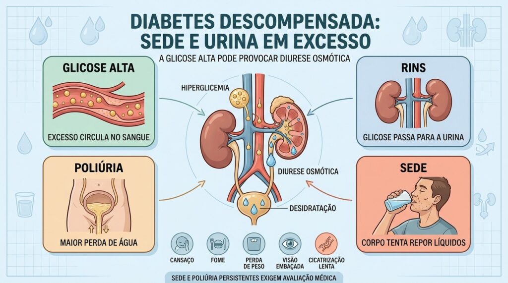Hiperglicemia faz os rins perderem mais água, aumentando urina e sede.
