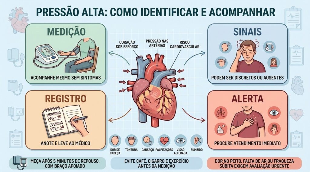 Medição correta, registro e sinais de alerta orientam o acompanhamento da hipertensão.