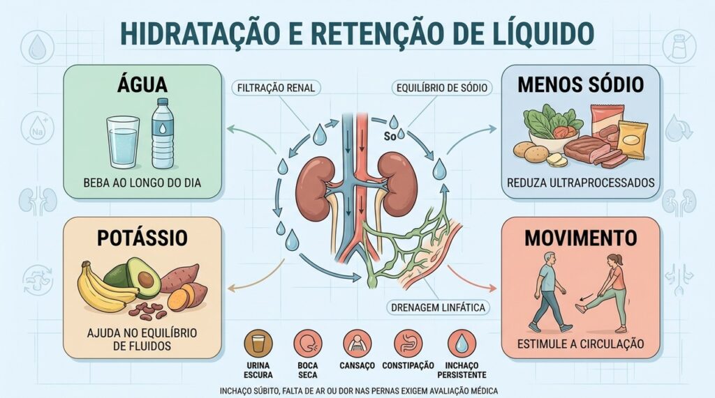 Água, menos sódio, potássio e movimento favorecem o equilíbrio de líquidos.