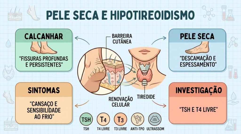 Pele seca, sintomas sistêmicos e exames ajudam a investigar possíveis alterações da tireoide.