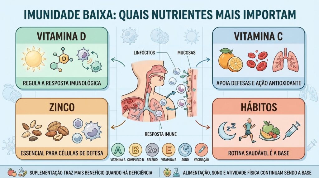 Vitamina D, vitamina C, zinco e hábitos saudáveis sustentam a resposta imune.