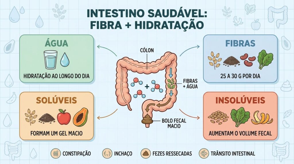 Quatro pilares mostram como água e diferentes fibras colaboram para um intestino mais regular.
