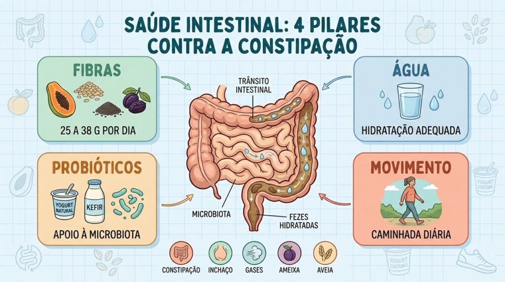 Fibras, água, probióticos e movimento formam a base para um intestino mais regular.