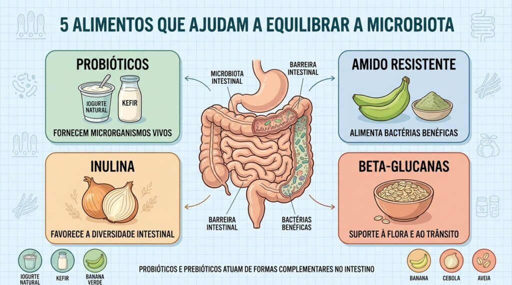 Probióticos, amido resistente, inulina e beta-glucanas ajudam a nutrir a microbiota.