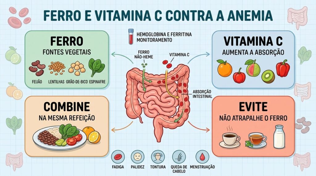 Ferro vegetal e vitamina C juntos favorecem a absorção e ajudam na prevenção da anemia.