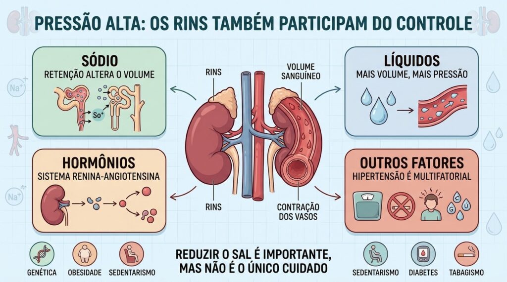 Sódio, líquidos, hormônios e outros fatores atuam juntos no controle da pressão.