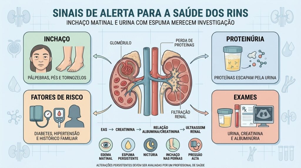 Edema, proteinúria, fatores de risco e exames ajudam a investigar a função renal.