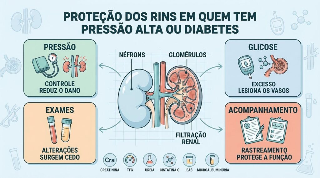 Pressão, glicose, exames e acompanhamento formam pilares essenciais da proteção renal.