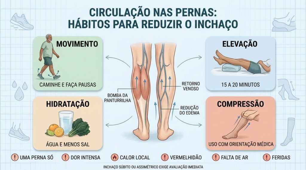 Movimento, elevação, hidratação e compressão ajudam a melhorar o retorno venoso.