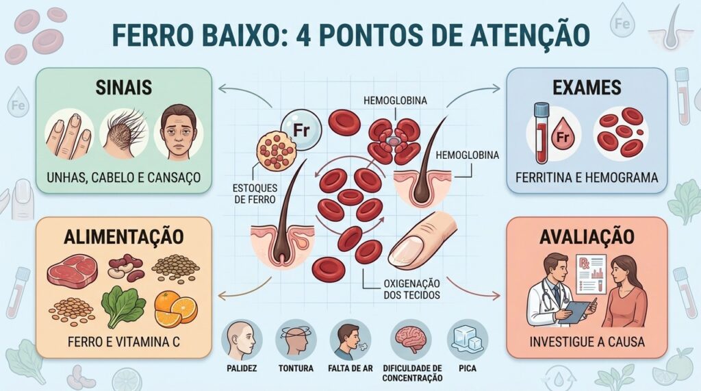 Sintomas, exames, alimentação e investigação ajudam a identificar deficiência de ferro.