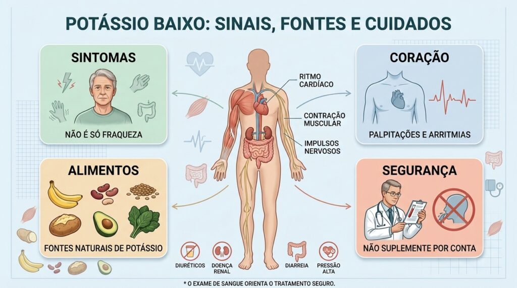 Sintomas, coração, alimentação e segurança orientam o cuidado com o potássio.
