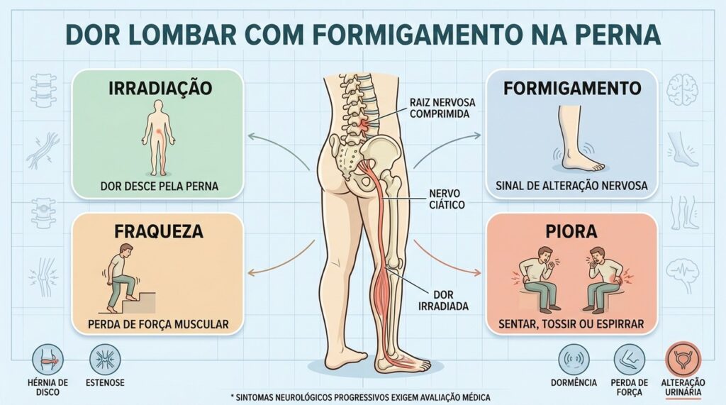Irradiação, formigamento, fraqueza e piora da dor sugerem compressão nervosa.