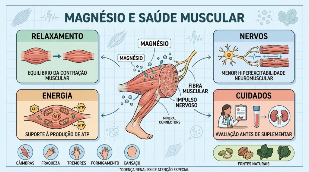 Magnésio atua em músculos, nervos e energia, mas suplementação exige avaliação profissional.