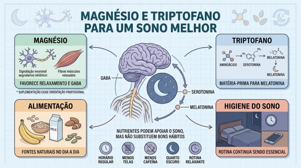 Magnésio, triptofano, alimentação e higiene do sono atuam de forma complementar.