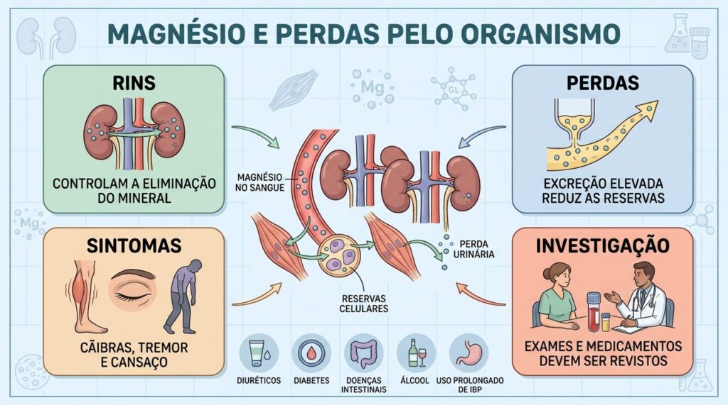 Rins, perdas urinárias, sintomas e causas ajudam a explicar a deficiência de magnésio.