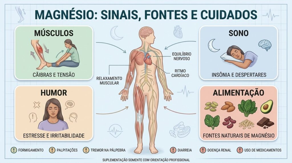 Músculos, sono, humor e alimentação ajudam a reconhecer sinais ligados ao magnésio.
