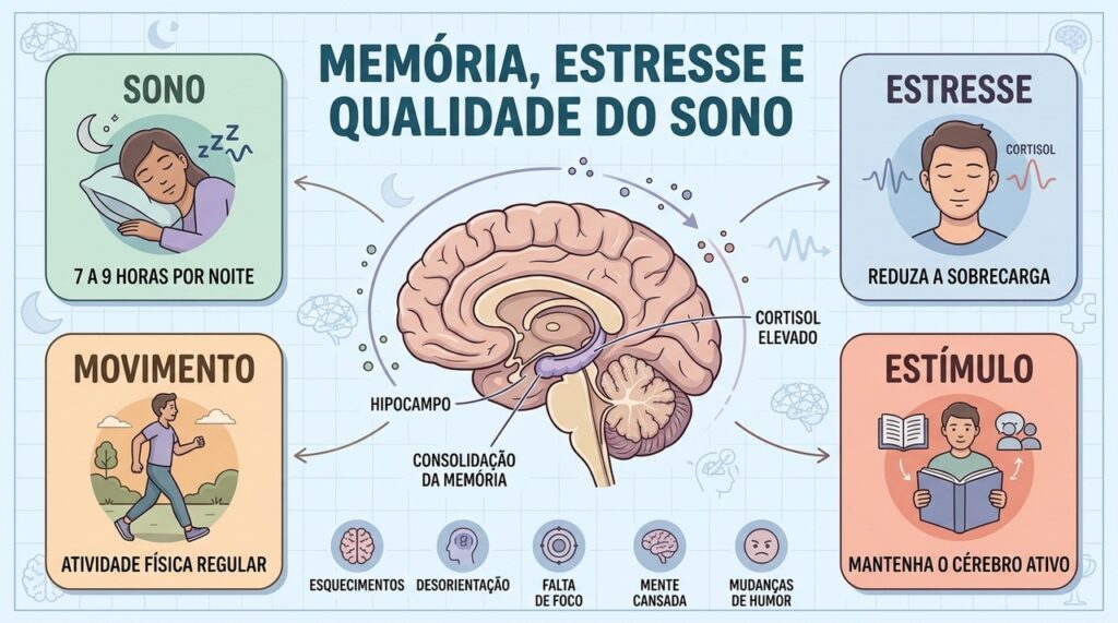 Sono, estresse, exercício e estímulo mental influenciam diretamente a saúde da memória.