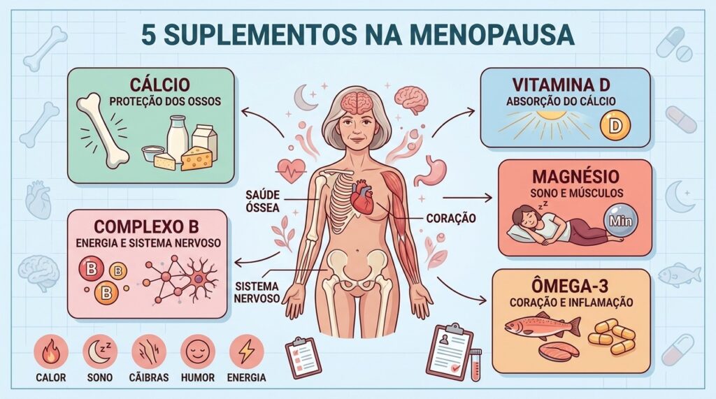 Cinco nutrientes podem apoiar ossos, coração, sono, energia e sistema nervoso na menopausa.
