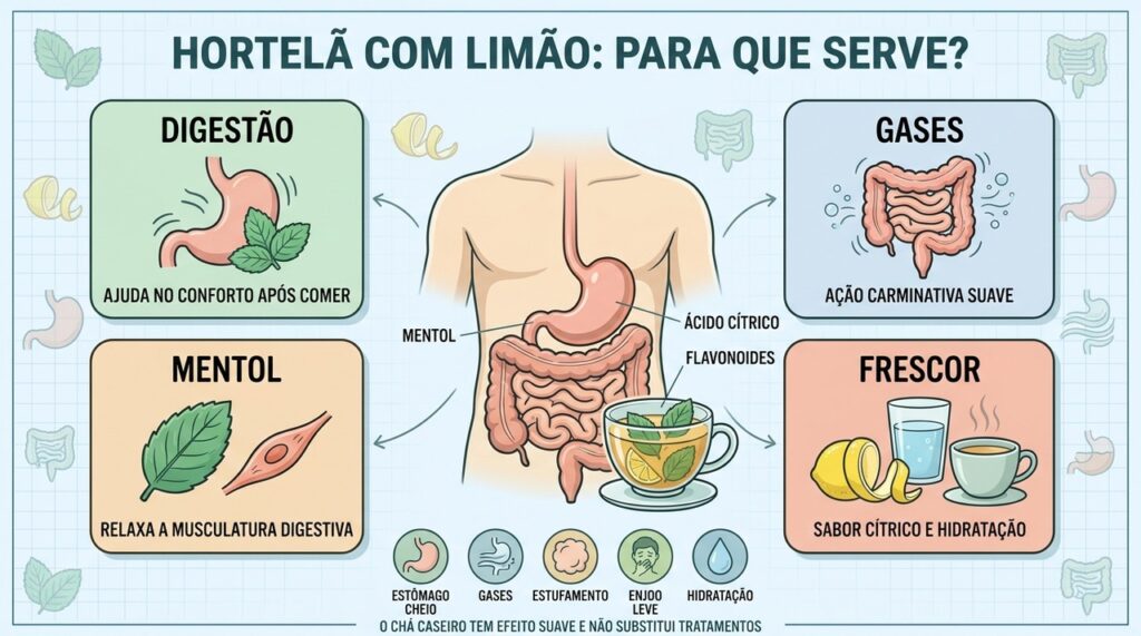 Digestão, gases, mentol e hidratação resumem os principais efeitos da infusão.