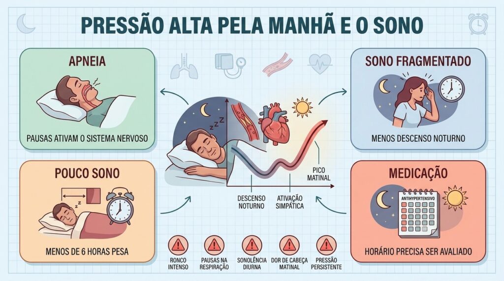 Apneia, sono interrompido, pouco descanso e medicação podem influenciar a pressão matinal.