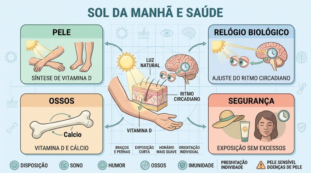 Pele, relógio biológico, ossos e segurança resumem os efeitos da luz matinal.