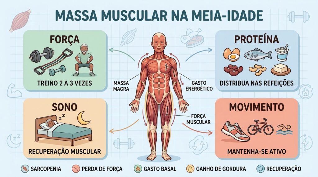 Força, proteína, sono e movimento ajudam a combater a perda muscular com a idade.