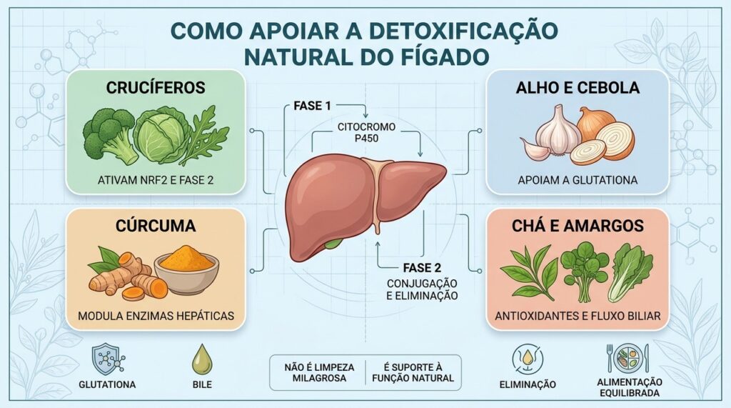 Quatro grupos alimentares apoiam enzimas, glutationa, bile e eliminação hepática natural.