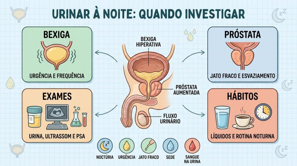Bexiga, próstata, exames e hábitos ajudam a investigar a noctúria recorrente.