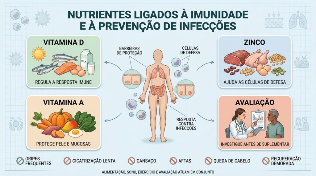 Vitamina D, zinco, vitamina A e avaliação sustentam uma imunidade mais equilibrada.