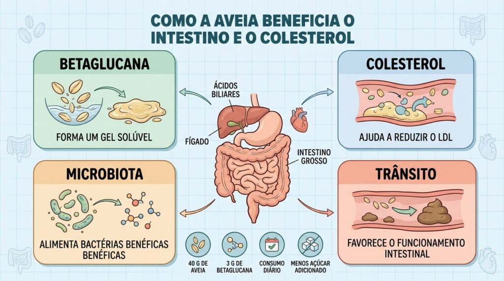 Quatro mecanismos explicam como a aveia beneficia colesterol, microbiota e trânsito intestinal.