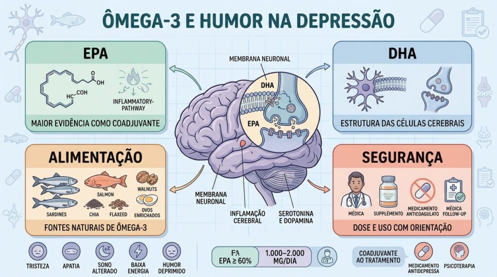 EPA, DHA, alimentação e segurança ajudam a entender o papel do ômega-3 no humor.