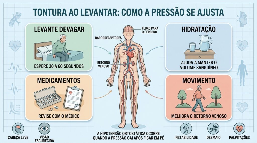 Levantar devagar, hidratar-se e revisar medicamentos ajudam a reduzir a tontura postural.