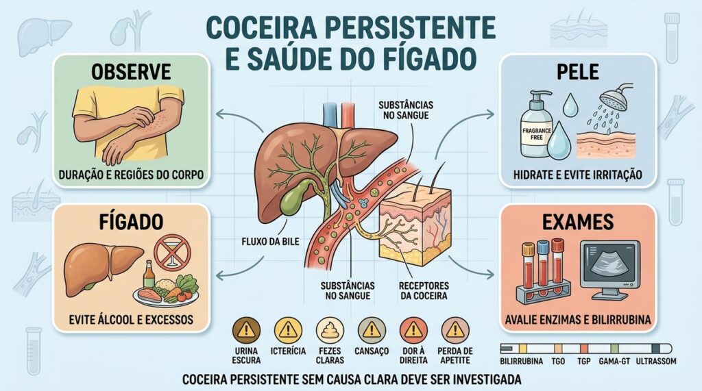 Pele, fígado, exames e sinais associados ajudam a investigar o prurido persistente.