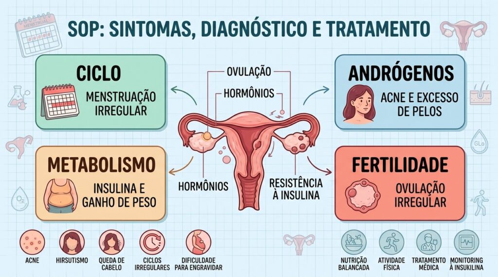 Ciclo irregular, andrógenos e alterações metabólicas estão entre os principais aspectos da SOP.