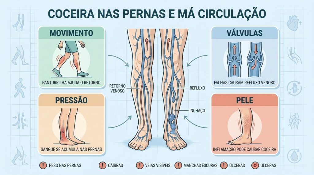 Válvulas, pressão venosa, movimento e pele explicam a coceira circulatória.