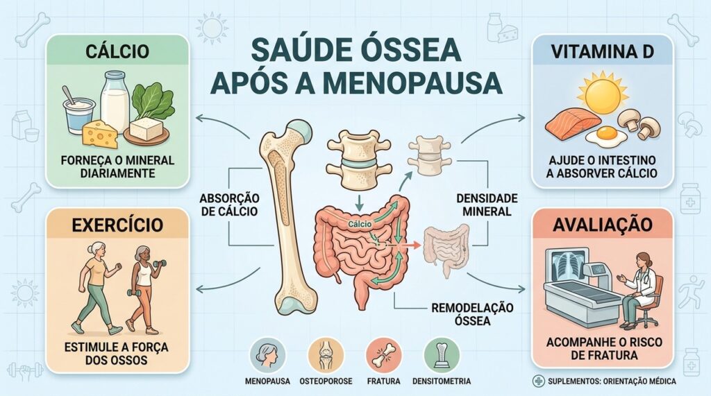 Cálcio e vitamina D atuam juntos na absorção mineral e na manutenção da densidade óssea.