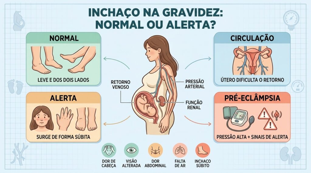 Inchaço gradual costuma ser comum; dor de cabeça, visão alterada e edema súbito exigem atenção.