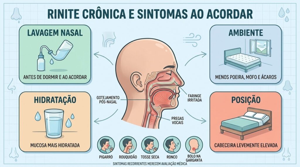 Lavagem nasal, ambiente limpo, hidratação e posição ajudam a reduzir o gotejamento.