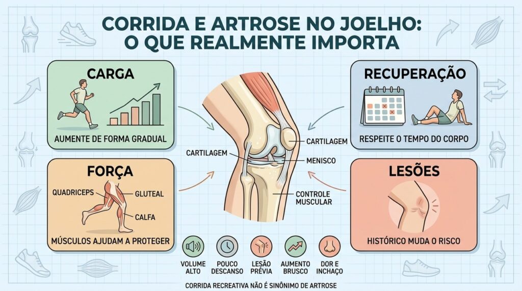 Carga progressiva, recuperação, força e histórico de lesões moldam a saúde do joelho.