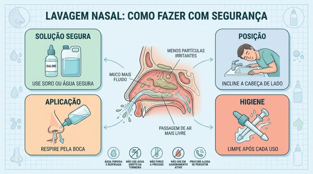 Solução segura, posição correta e higiene tornam a lavagem nasal mais eficaz.