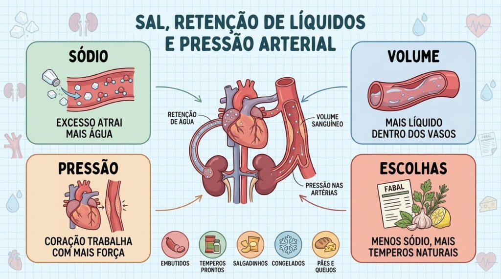 Sódio, volume sanguíneo, pressão e escolhas alimentares explicam os efeitos do sal.