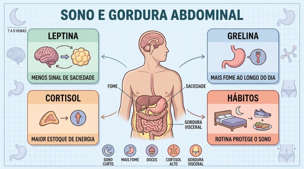Leptina, grelina, cortisol e hábitos de sono influenciam o acúmulo abdominal.