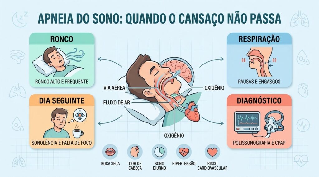 Ronco, pausas respiratórias, sonolência e alterações cardiovasculares são pistas importantes da apneia.