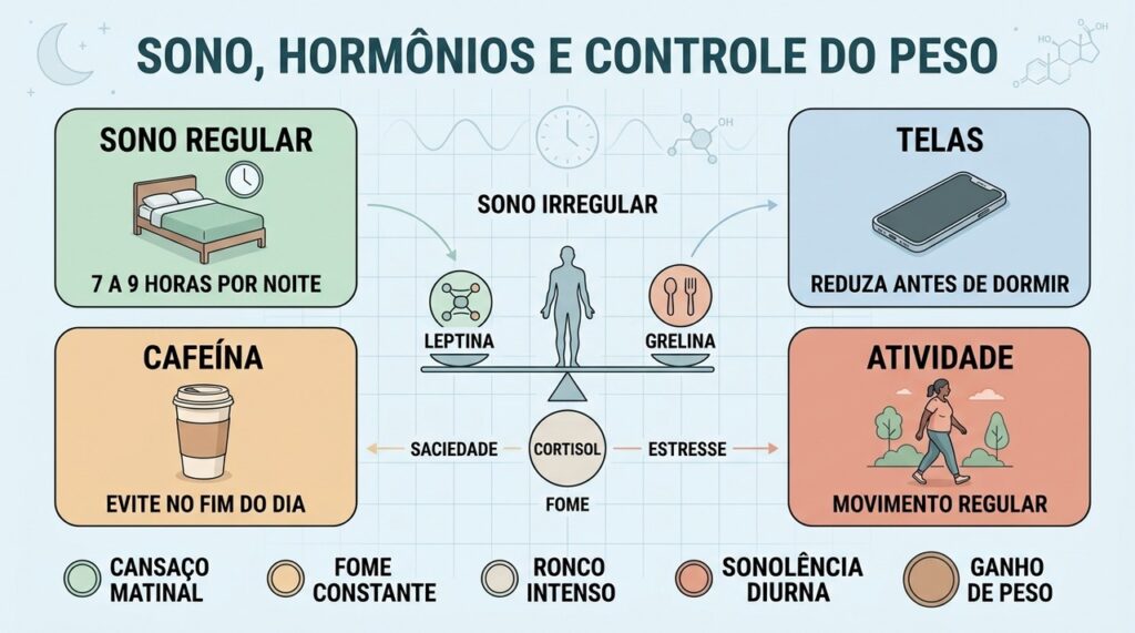 Sono regular, menos telas, cafeína controlada e atividade ajudam no equilíbrio metabólico.