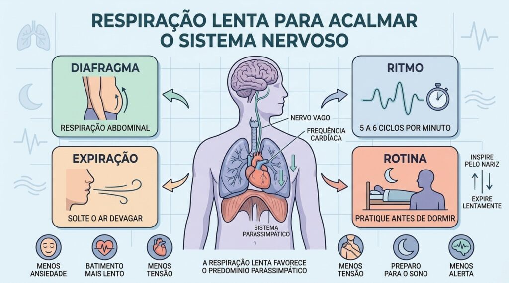 Diafragma, ritmo lento, expiração prolongada e rotina favorecem o relaxamento antes do sono.