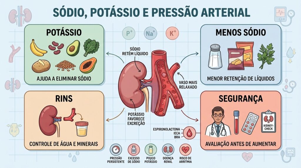 Potássio, sódio, rins e segurança clínica orientam o controle da hipertensão.