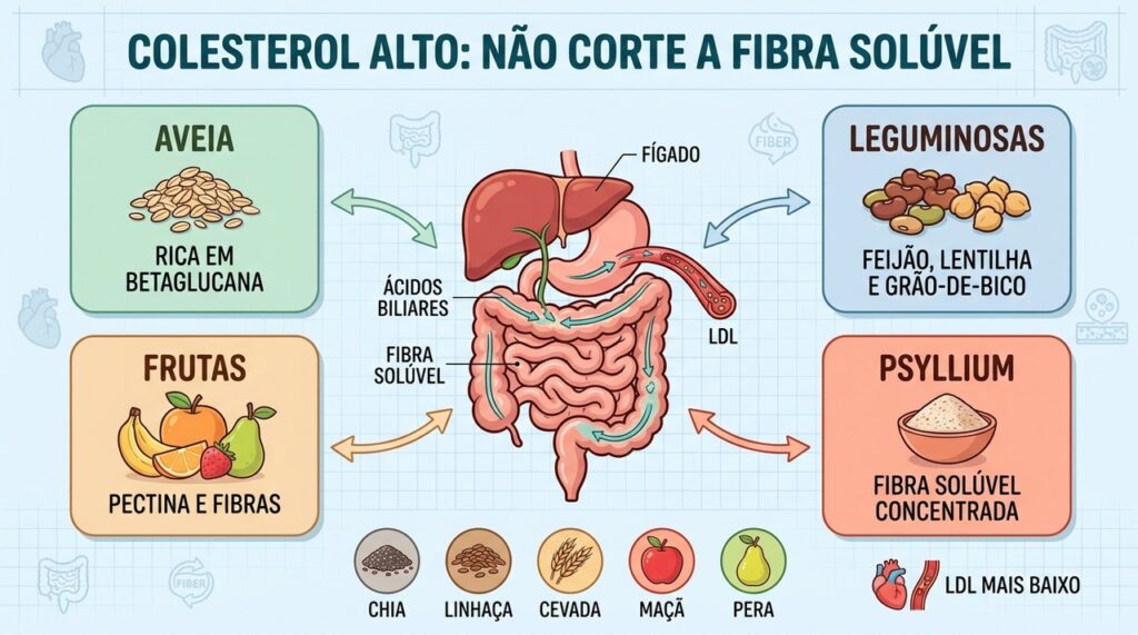 Fibras solúveis ajudam a eliminar ácidos biliares e favorecem a redução do LDL.