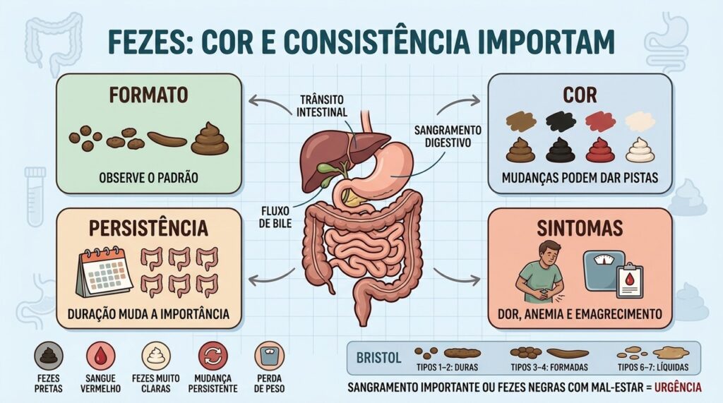 Formato, cor, persistência e sintomas associados ajudam a identificar alterações que merecem investigação.