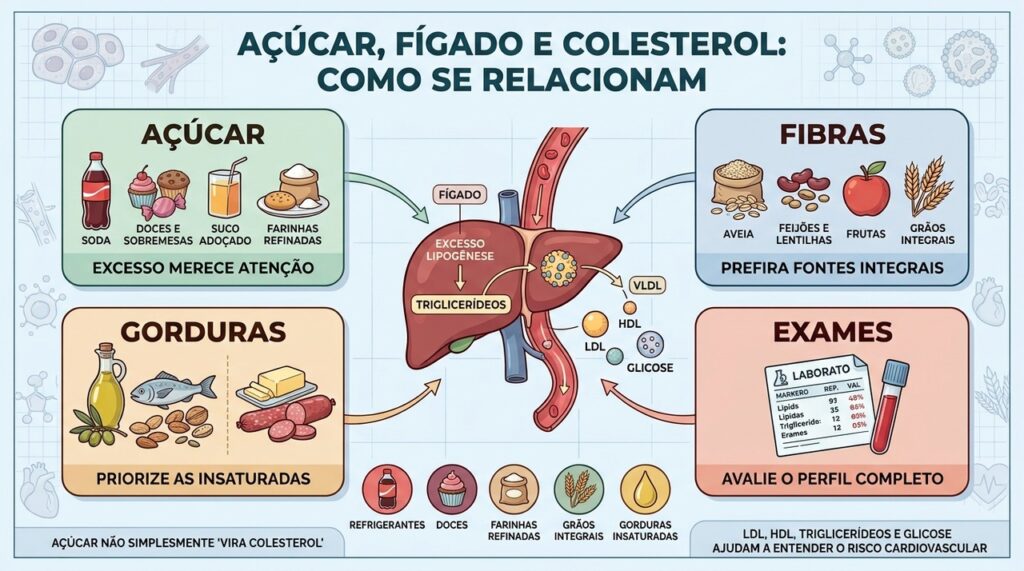 Açúcar, fibras e tipos de gordura influenciam diferentes componentes do perfil lipídico.
