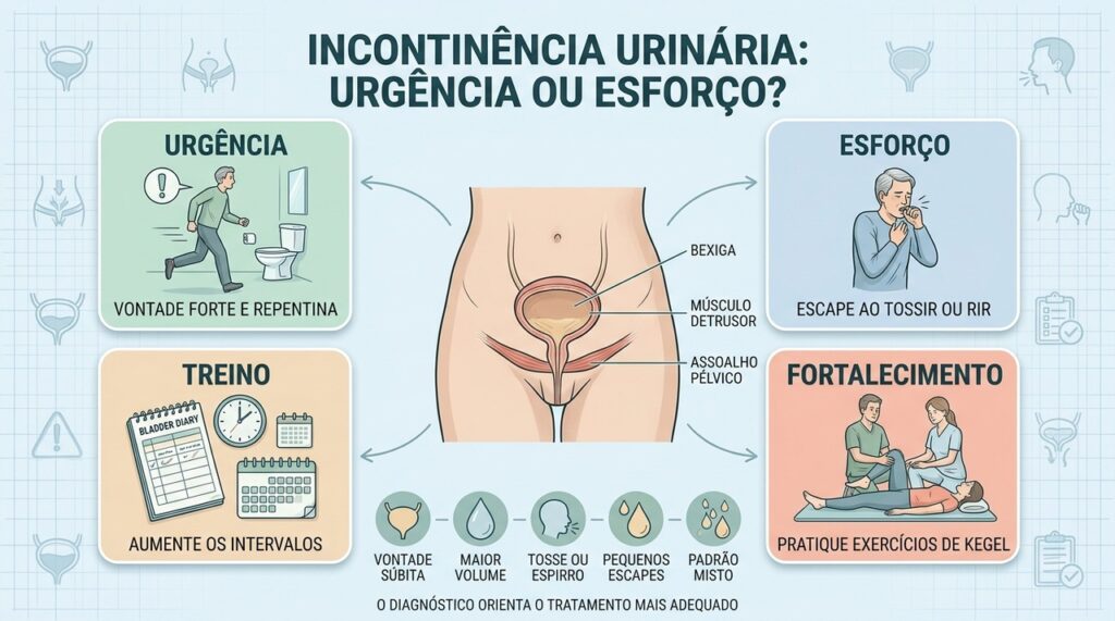 Urgência, esforço, treino vesical e fortalecimento pélvico orientam o cuidado adequado.
